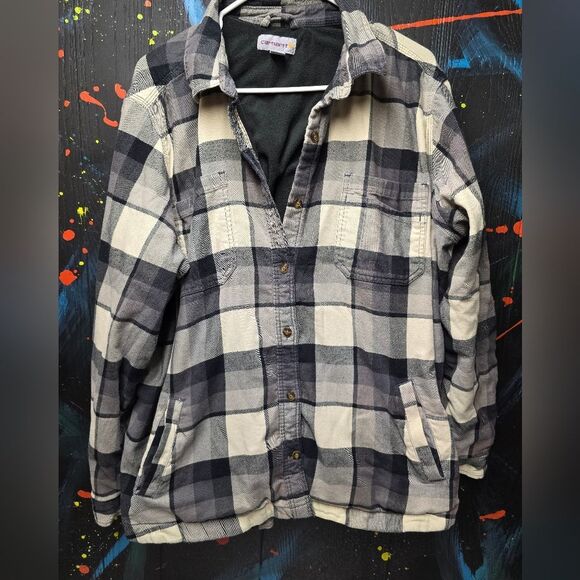 Carhartt Flannel Shirt Jacket‎ Quilted Lined Plaid Button Up Size L - Picture 1 of 5